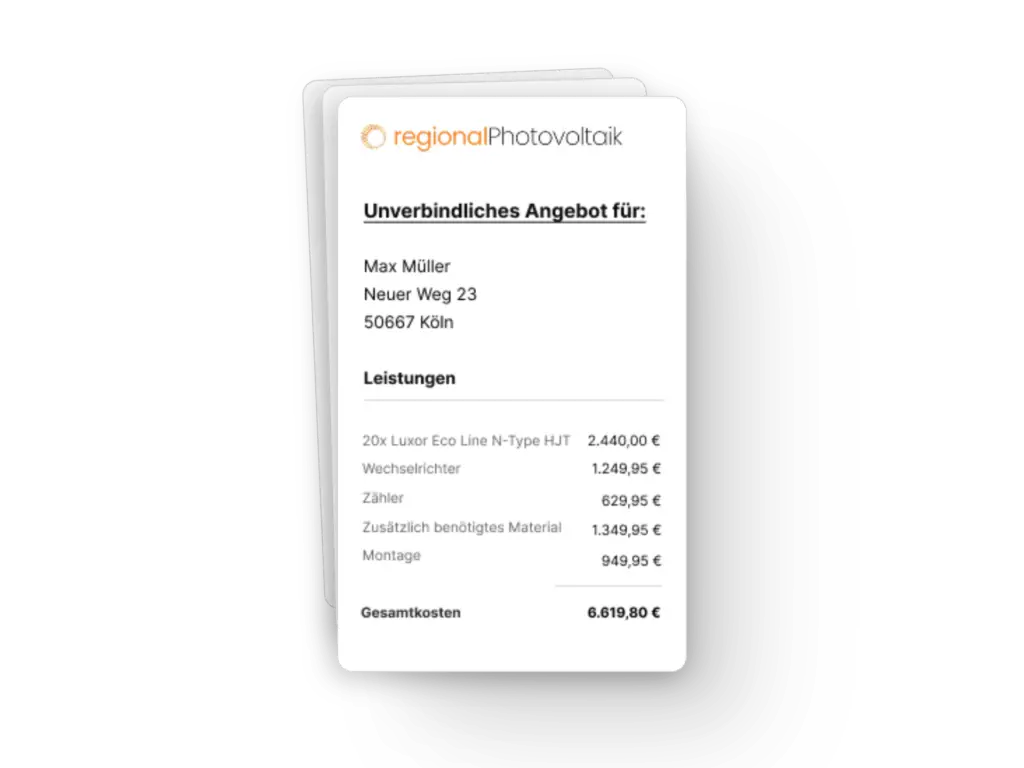 Unverbindliches Photovoltaik-Angebot für Max Müller mit Kostenaufstellung und Gesamtkosten in Höhe von 6.619,80 €.