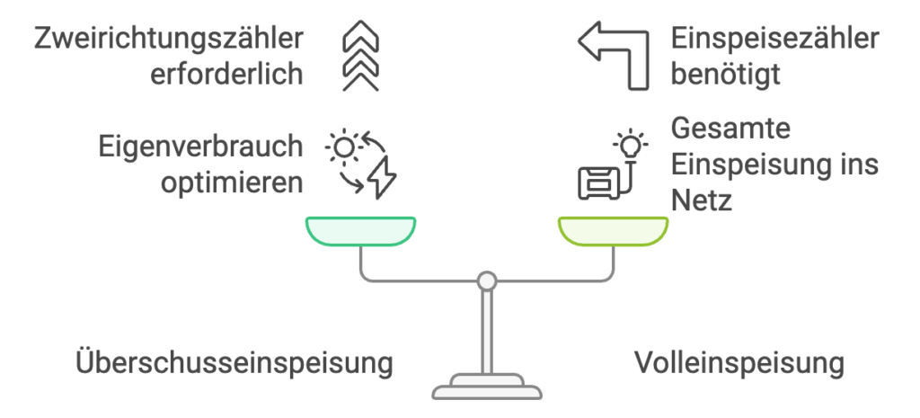 Eine Waage, welche Überschusseinspeisung mit Volleinspeisung vergleicht